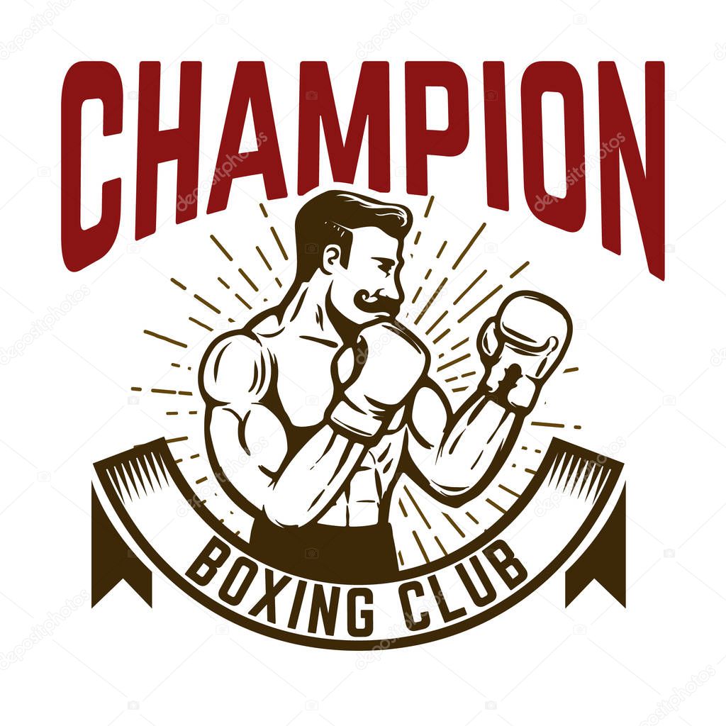 Champion boxing club. Vintage style boxer fighter. Design element for logo, label, emblem, sign. Vector illustration