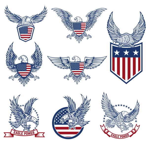 Zestaw emblematów z eagles i flagi amerykańskiej. — Wektor stockowy