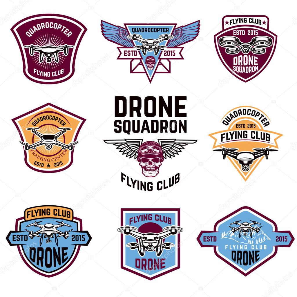 Set of drone flying club emblems. 