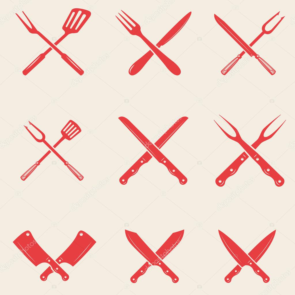 Set of restaurant knives icons. Crossed fork, kitchen spatula, butcher's ax. 