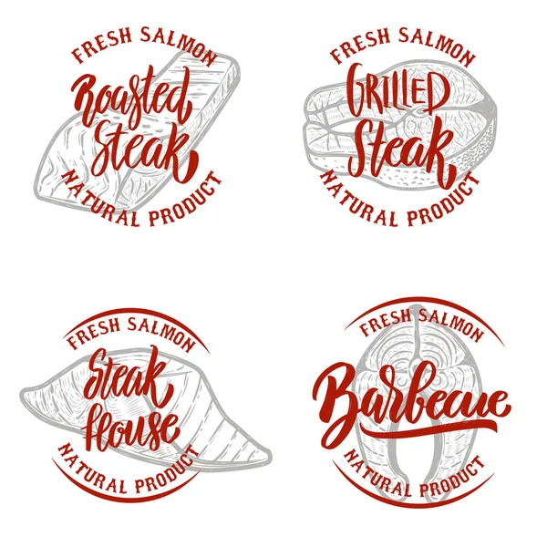Set di emblemi di bistecca di salmone su sfondo bianco . — Vettoriale Stock