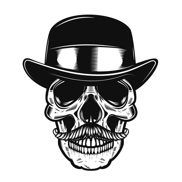 Ilustración de cráneo humano en sombrero vintage . — Vector de stock