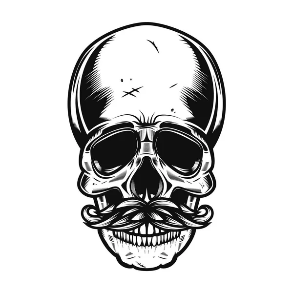 Ilustración del cráneo humano con bigotes aislados sobre fondo blanco. Ilustración vectorial — Vector de stock