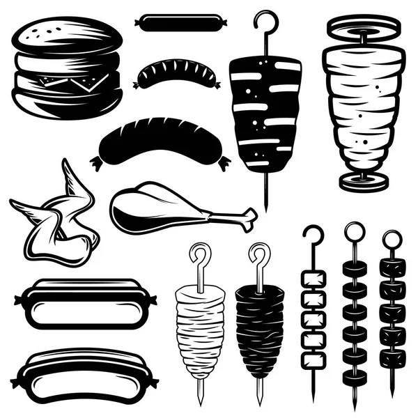 Set elemen desain makanan jalanan. Burger, hot dog, kebab, sayap ayam, barbekyu  . Stok Ilustrasi 