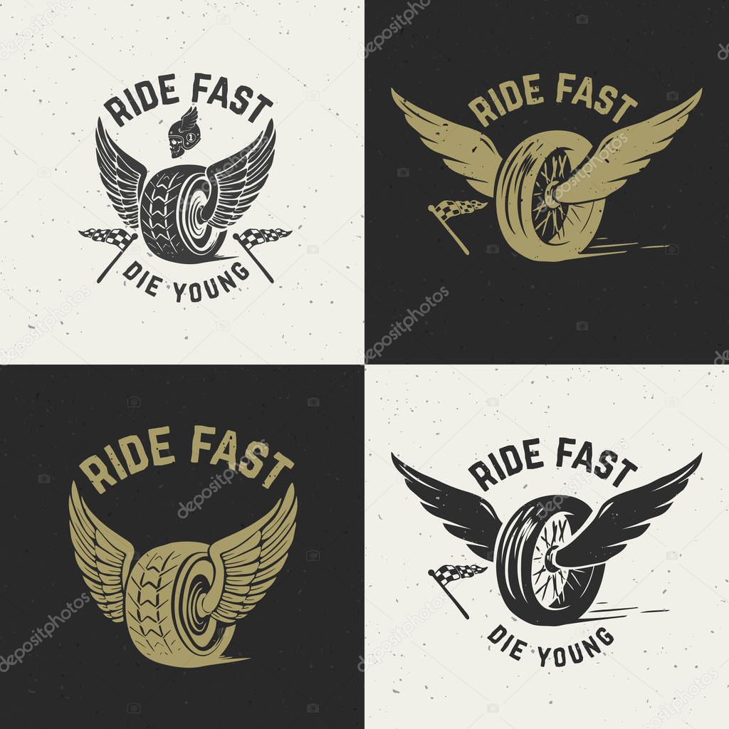 Ride fast die young. Hand drawn wheel with wings on grunge background. 