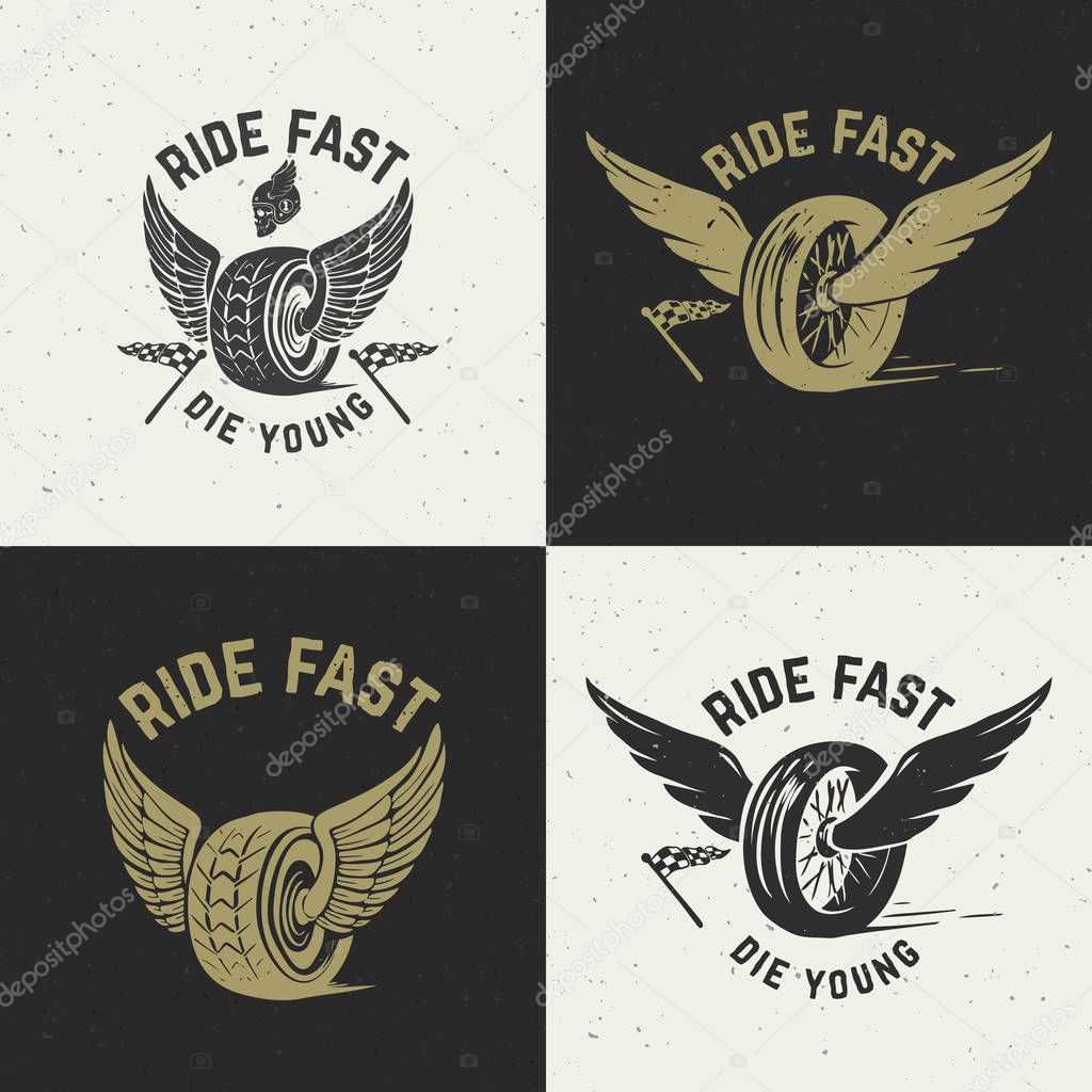 Ride fast die young. Hand drawn wheel with wings on grunge background. Design elements for poster, banner, t-shirt. Vector illustration