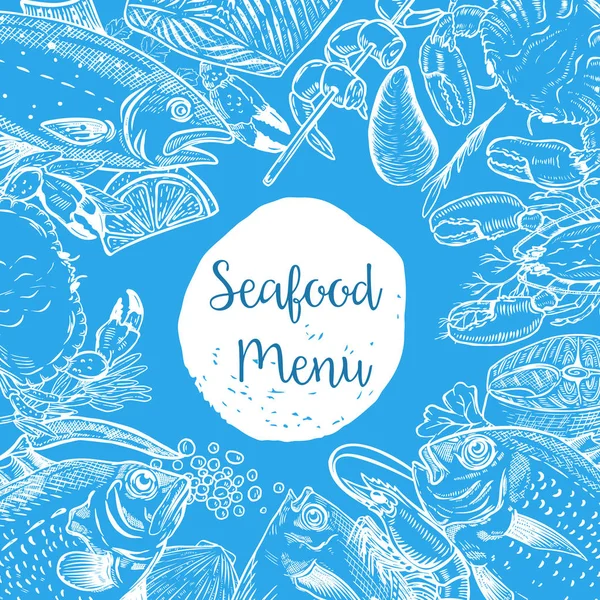 Modelo de menu de frutos do mar. Peixe, camarões, ostra, lagosta, caranguejo . — Vetor de Stock