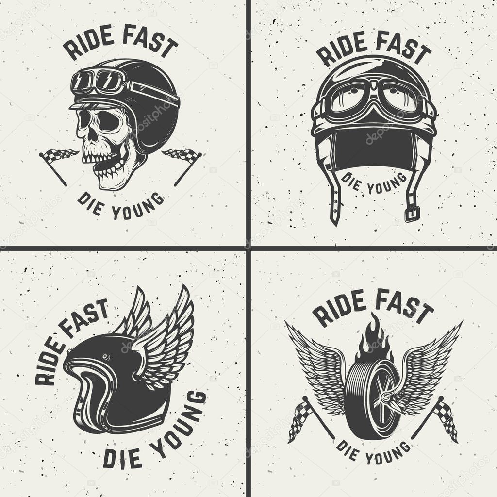 Ride fast die young. Racer helmets, wheel with wings.