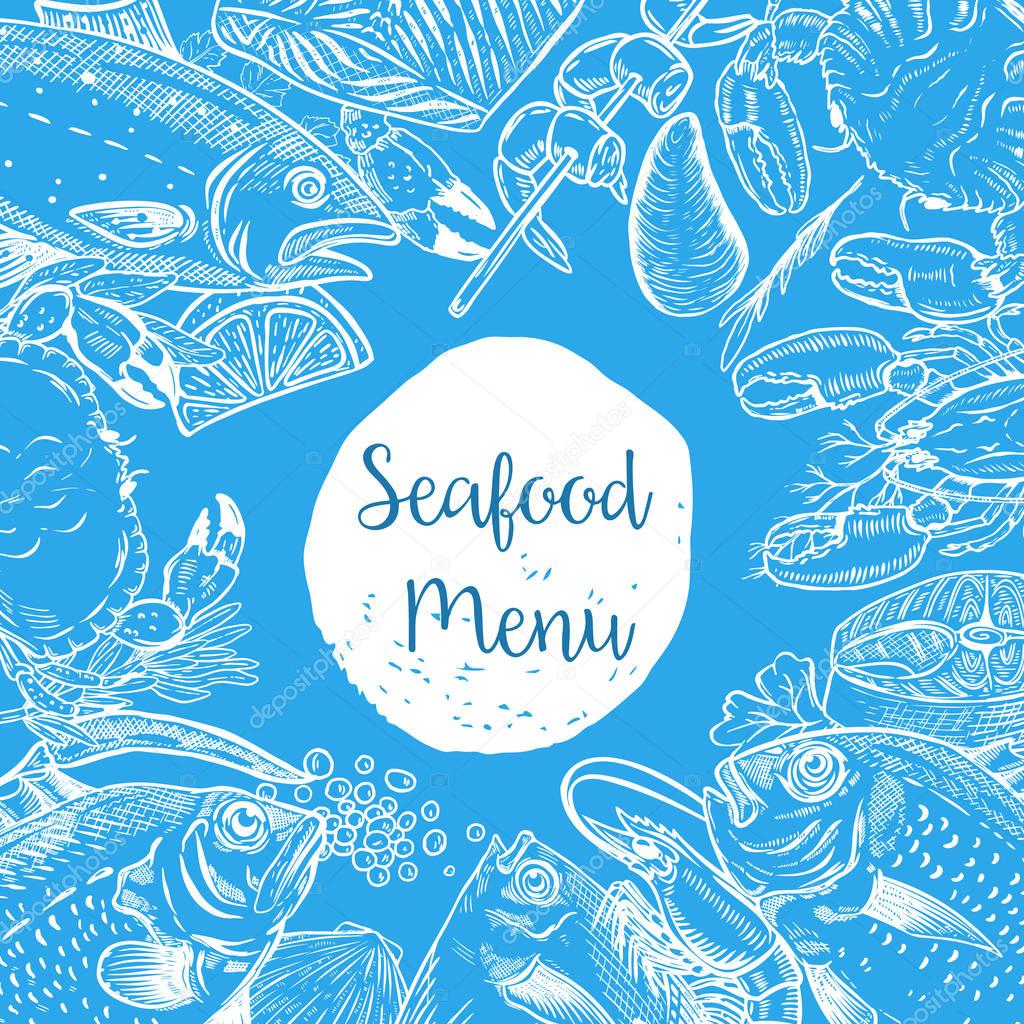 Seafood menu template. Fish, shrimps, oyster, lobster, crab.