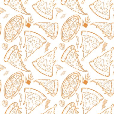 Pizza, otlar, mantar, zeytin ile Seamless modeli. Vektör çizim