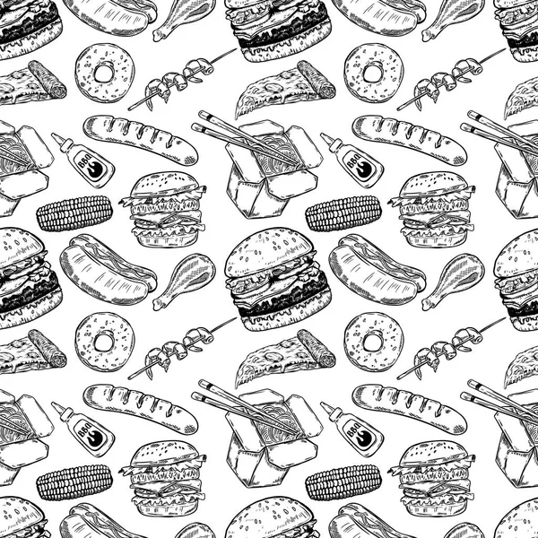 Seamless pattern with hand drawn fast food. Burger, donut, hot dog, chinese food. Vector illustration