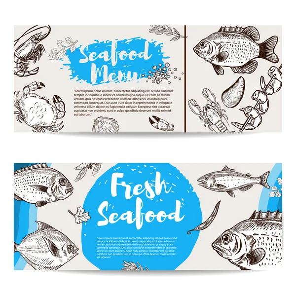 Seafood flyer template. Fish, shrimps, oyster, lobster, crab. — Stock Vector