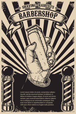 Kuaför Dükkanı poster şablonu. İnsan eli ile saç kesme makinesi. 