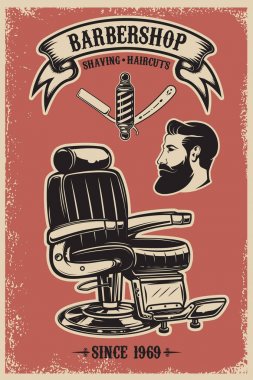 Berber Dükkanı poster şablonu. Kuaför koltuğu ve grunge arka plan üzerinde araçları. 