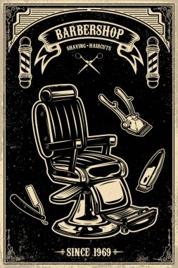 Berber Dükkanı poster şablonu. Kuaför koltuğu ve grunge arka plan üzerinde araçları.