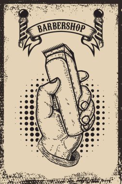 Kuaför Dükkanı poster şablonu. Saç kesme makinesi ile insan eli. Tasarı