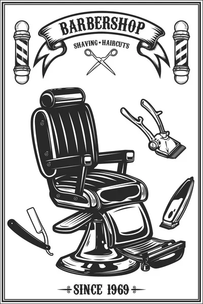 Barber shop poster template. Barber chair and tools on grunge ba — Stock Vector