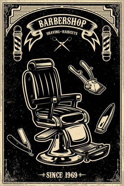 Plakatvorlage für Friseursalons. Friseurstuhl und Werkzeuge auf Grunge-Hintergrund. — Stockvektor