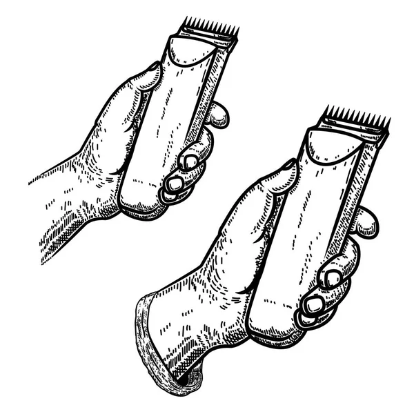 Hand med clipper. Design element för Frisör butik emblem, sign, affisch, kort, banner. Vektorillustration — Stock vektor
