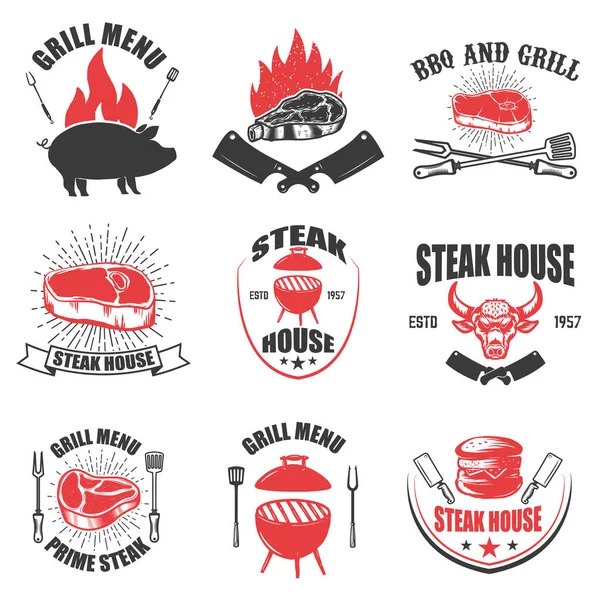 Sor steak house emblémák. Grill és grill. — Stock Vector