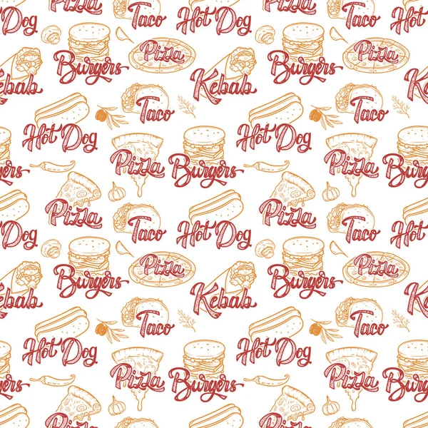 Street food seamless pattern. Kebab, taco, burger, hot dog. Vector illustration