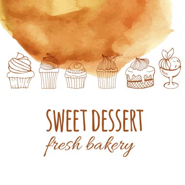 şekerli tatlı, taze ekmek, suluboya çizilmiş kekler, Pastalar, menüler, Davetiyeler, afiş ile arka plan