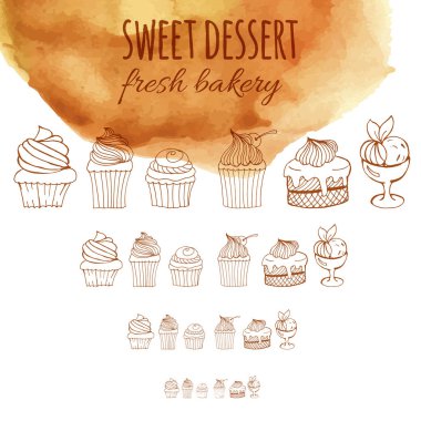 şekerli tatlı, taze ekmek, suluboya çizilmiş kekler, Pastalar, menüler, Davetiyeler, afiş ile arka plan