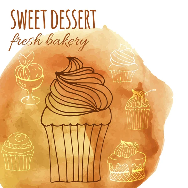 şekerli tatlı, taze ekmek, suluboya çizilmiş kekler, Pastalar, menüler, Davetiyeler, afiş ile arka plan