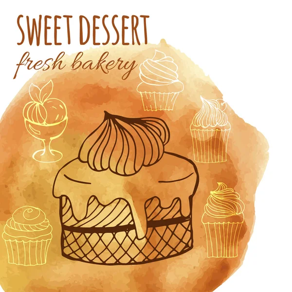 şekerli tatlı, taze ekmek, suluboya çizilmiş kekler, Pastalar, menüler, Davetiyeler, afiş ile arka plan