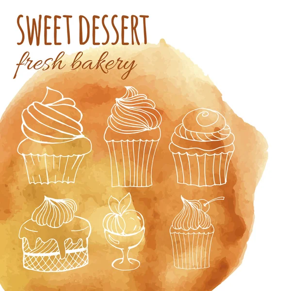 Sladký dezert, čerstvého pečiva, pozadí s akvarel kreslené koláčky, dorty, menu, pozvánky, nápisy — Stockový vektor