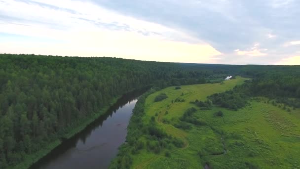 Πετώντας πάνω από το ποτάμι και το δάσος βράδυ — Αρχείο Βίντεο