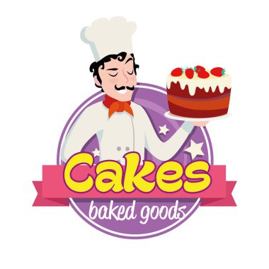 Vintage logo. İtalyan aşçı şapkası pasta ile erkekte gülümseyen.