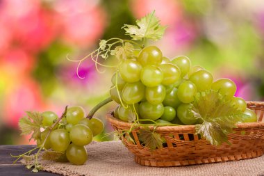 arka plan bulanık ahşap tablo hasır sepet içinde Yeşil üzüm