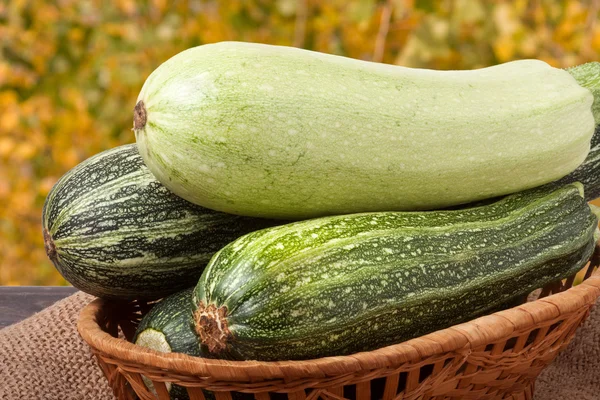 green zucchini and courgettes on sackcloth with a blurred background