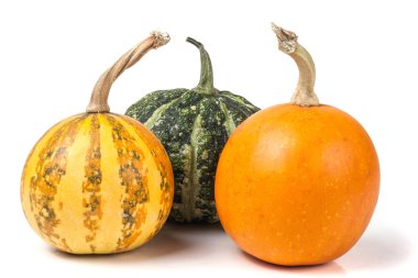 Beyaz arka plan üzerinde izole üç dekoratif kabaklar