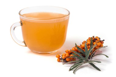 Deniz cehri çay beyaz arka plan üzerinde izole bir bahar dalı ile