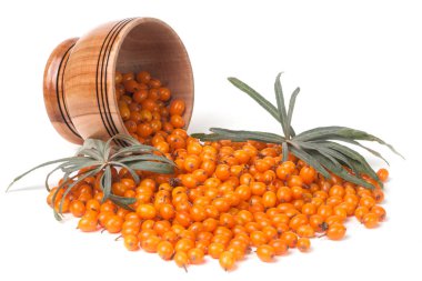 Deniz topalak meyveleri ile ahşap bir kasede yaprakları üzerinde izole beyaz arka plan