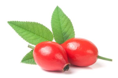 iki taze kuşburnu berry beyaz arka plan üzerinde izole yaprak ile