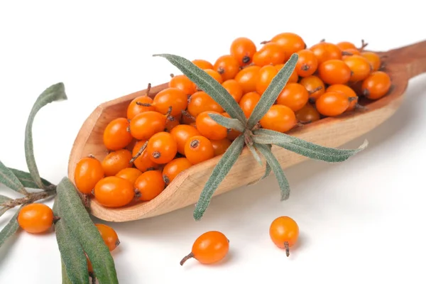 Buckthorn berries with leaves in a wooden scoop isolated on white background — Stock Photo, Image