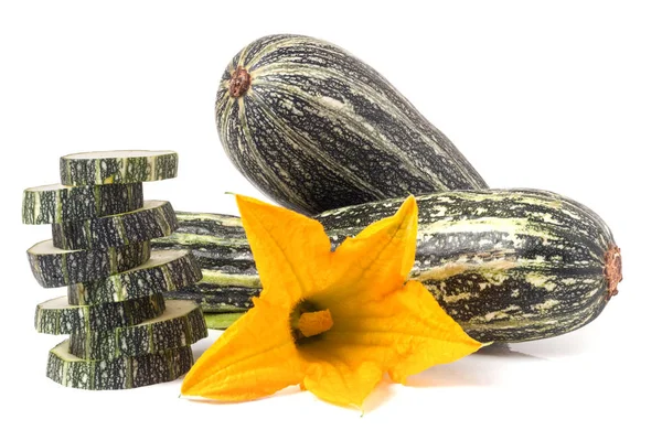 Zucchini with leaf and flower isolated on white background — Stock Photo, Image