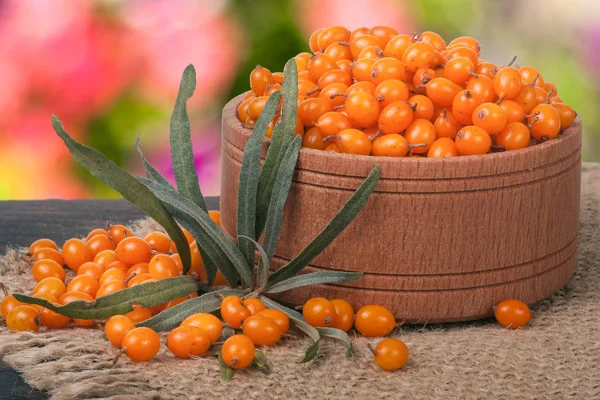 Sanddornbeeren in einer hölzernen Schüssel auf dem Tisch mit verschwommenem Gartenhintergrund — Stockfoto