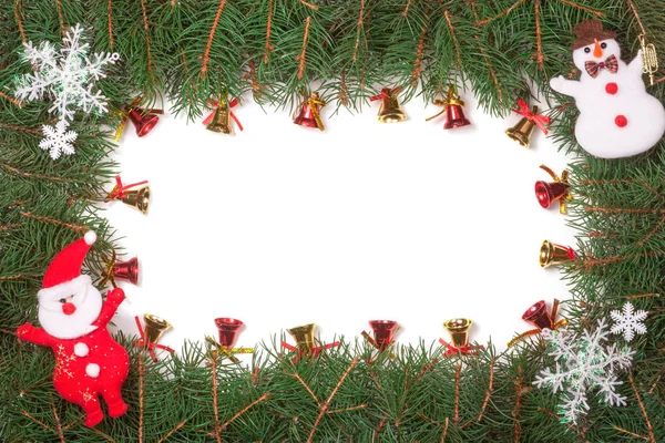 圣诞框架作出了冷杉的枝条装饰着圣诞老人和孤立的白色背景上的钟声 — 图库照片