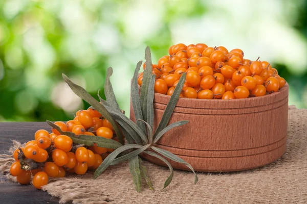 Sanddornbeeren in einer hölzernen Schüssel auf dem Tisch mit verschwommenem Gartenhintergrund — Stockfoto