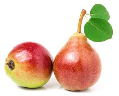 Beyaz arka plan üzerinde izole yaprak iki kırmızı armut