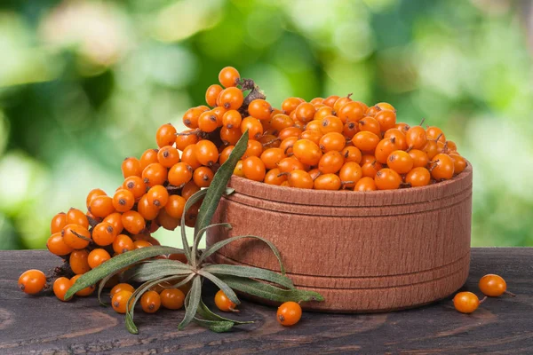 Sanddornbeeren in einer hölzernen Schüssel auf dem Tisch mit verschwommenem Gartenhintergrund — Stockfoto