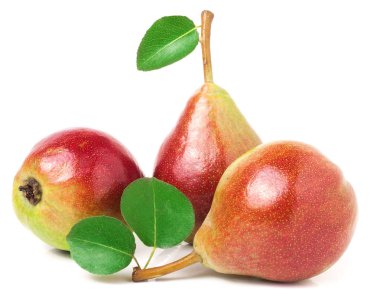 Üç kırmızı armut ile yaprakları üzerinde izole beyaz arka plan