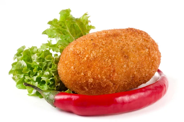 Fried breaded cutlet with lettuce isolated on white background — Stock Photo, Image