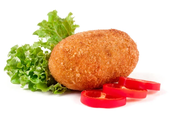 Fried breaded cutlet with lettuce isolated on white background — Stock Photo, Image