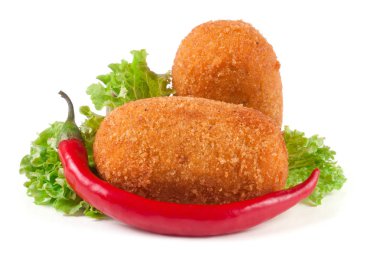 Kızarmış ekmekli göğsü beyaz arka plan üzerinde izole marul ile