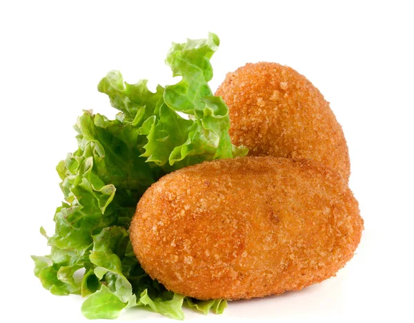 Two fried breaded cutlet with lettuce isolated on white background — Stock Photo, Image